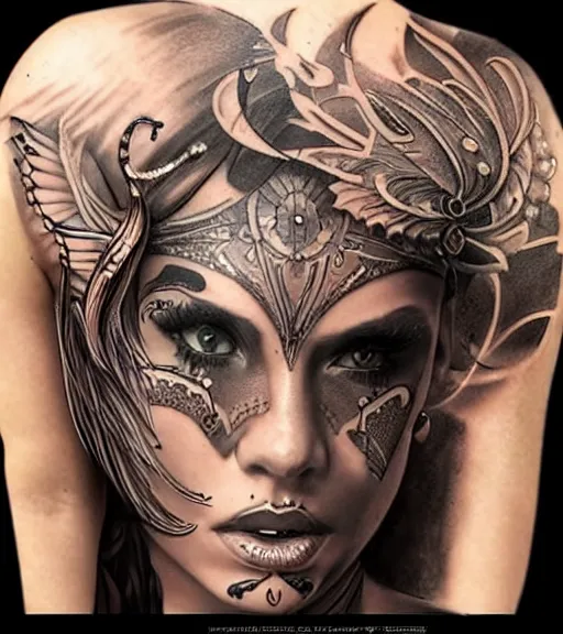 Image similar to tattoo design of a hyper realistic beautiful girl warrior, hyper detailed, inspired by eliot kohek, on white background