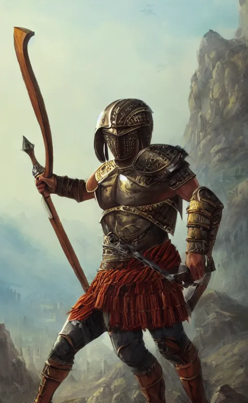 Prompt: a painting of a hoplite with a spear and shield, a city in the background, ultra detailed, high fantasy, 4 k, trending on artstation, cinematic, concept design