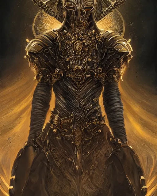 Prompt: portrait of the embodiment of darkness by Valentina Remenar, artgerm, by Charlie Bowater, tom bagshaw, Lois Van Baarle:: ornate detailed intricate golden battle knight armor by furio tedeschi, zhelong xu, golden ratio, symmetrical body, highly detailed