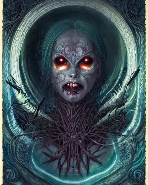 Prompt: perfectly centered portrait front view of a angry dead rotten beautiful female daemon growing ornamentation all around, ornate, detailed, symmetrical, elegant, beautifully soft lit, by wayne barlowe, peter mohrbacher, kelly mckernan