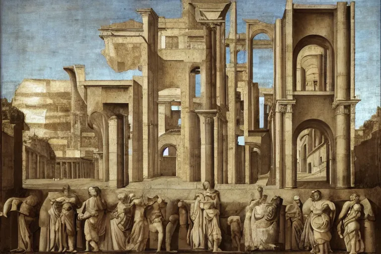 Prompt: non euclidian colossal renaissance stanilist architecture with perspective, by Pierro della Francesca, utopia