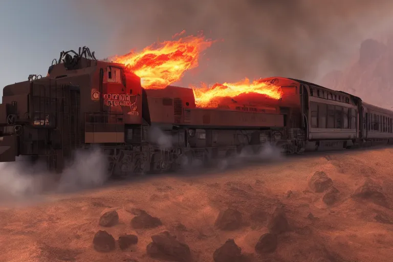 Prompt: a burning train moving fast through the desert, cinematic shot, hyperdetailed, artstation, cgsociety, 8 k