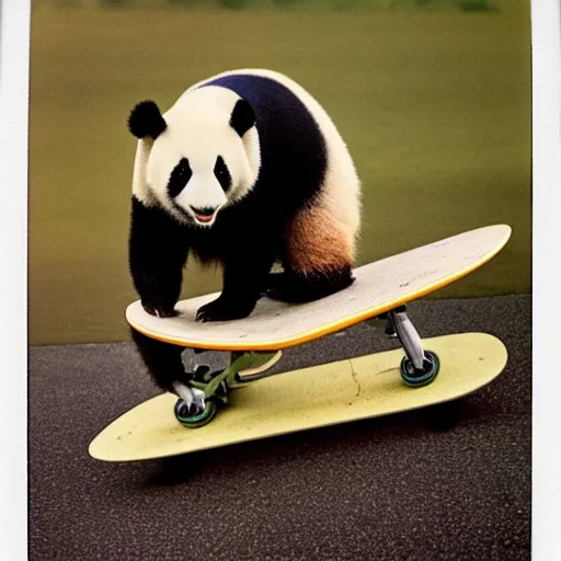 Image similar to grainy head to shoulder portrait polaroid film photograph of a panda skateboarding in california. super resolution. surreal. extremely detailed. polaroid 6 0 0 film. by annie leibovitz and richard avedon