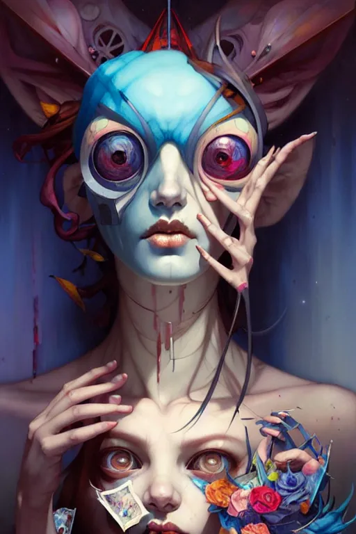 Prompt: portrait, patchwork doll, japanese gothic sytle, macabre horror, blue hour, expressive, asymmetrical art, hyperrealism, colorful, vivid, imposing, epic, abstract texture, artstation, concept art, by peter mohrbacher and wlop and rhads and artgerm and magali villeneuve and alphonse mucha