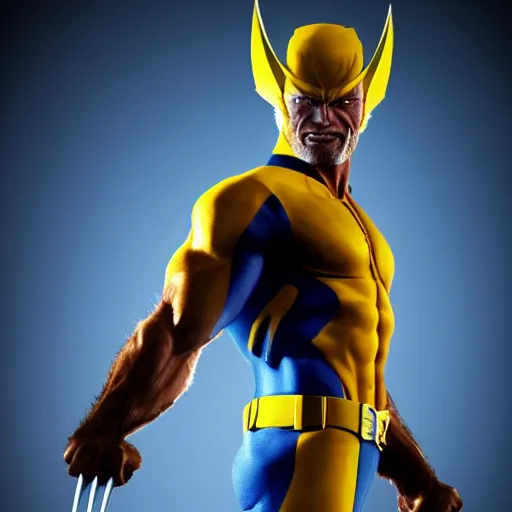 Image similar to clint eastwood as wolverine in blue and yellow costume, octane render, beautiful composition, trending on artstation, award - winning photograph, masterpiece