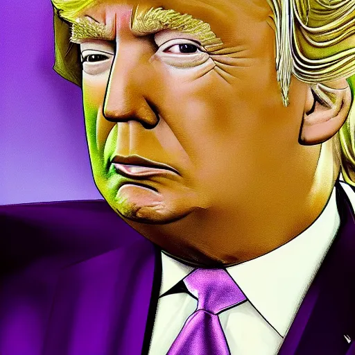 Prompt: portrait of donald trump sitting on a roll's royce, gta 5 artwork, gold chain necklace, very detailed face, purple suit