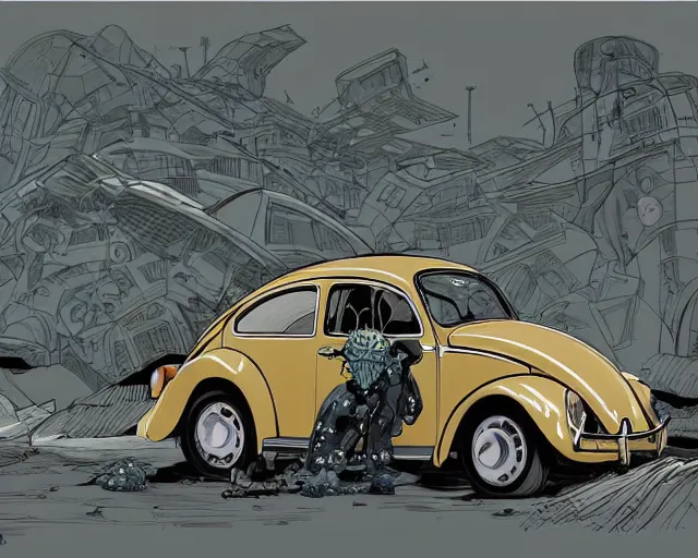 Image similar to a study of cell shaded portrait of a Volkswagen Beetle llustration, post grunge, concept art by josan gonzales and wlop, by james jean, Victo ngai, David Rubín, Mike Mignola, Laurie Greasley, highly detailed, sharp focus, alien, Trending on Artstation, HQ, deviantart, art by artgem