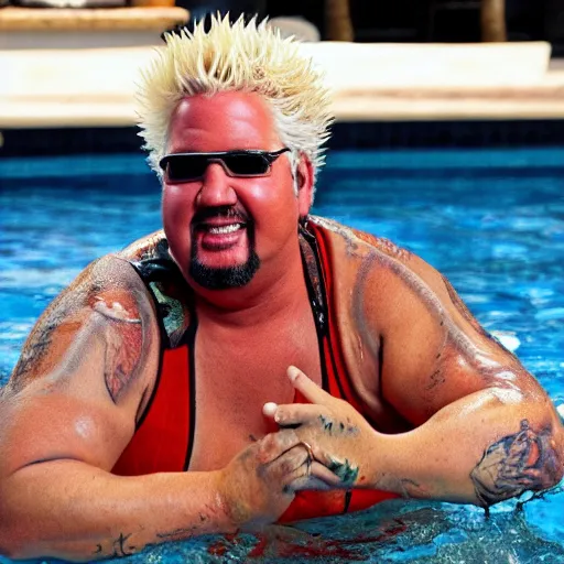 Prompt: Guy Fieri swimming in gravy