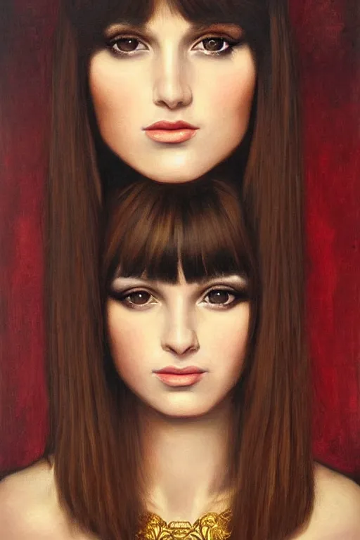 Image similar to hyper realistic painting portrait of brunette with bangs, intrincate ornaments, gold decoration, caligraphy, occult art, illuminated manuscript, oil painting, art noveau