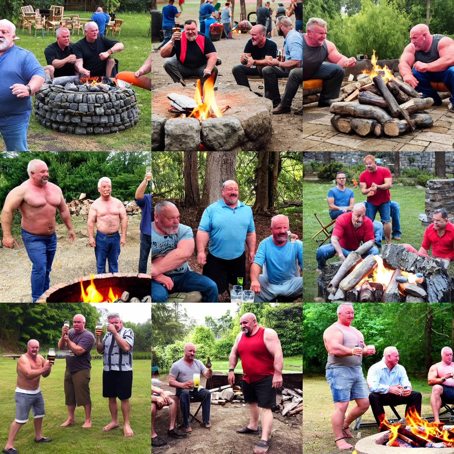 Prompt: strongmen dad, strongman uncle, strongman uncle, drinking beer around the fire and looking at you