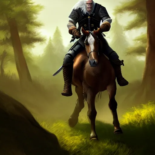 Image similar to Geralt of Rivia riding a horse in forest, 4k, artstation, cgsociety, award-winning, masterpiece, stunning, beautiful, glorious, powerful, fantasy art