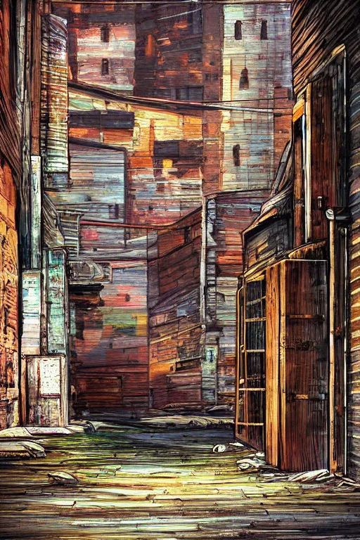 Prompt: a beautiful painting digital high detailed of a grungy back alley with wooden crates and dirt