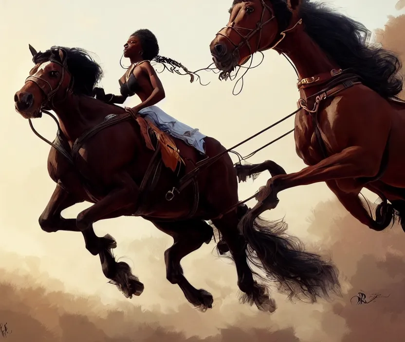 Image similar to full body portrait of beautiful black woman riding a clydesdale, cinematic, highly detailed, digital painting, artstation, concept art, smooth, sharp focus, illustration, face by wlop, illustrated by mars ravelo and greg rutkowski