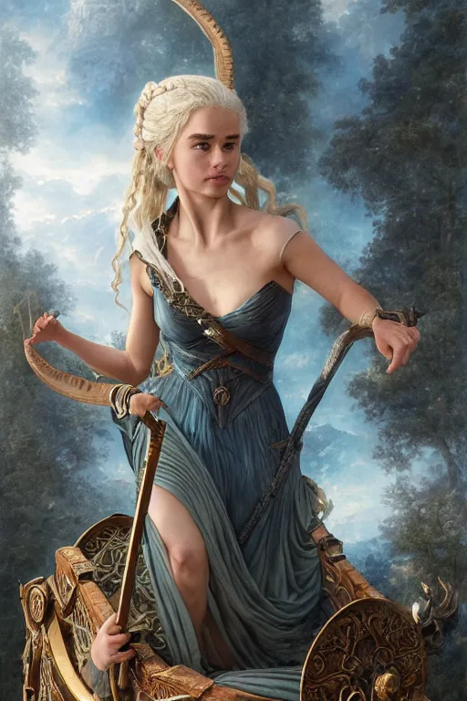 Image similar to A fantasy book style portrait painting of Daenerys Targaryen, as a Mystical Valkyrie pushing a pram containing a Dragon Wyvern, Atlantean Warrior, François Boucher, Oil Painting, unreal 5, DAZ, hyperrealistic, octane render, Regal, Refined, Detailed Digital Art, RPG portrait, William-Adolphe Bouguereau, Michael Cheval, Walt Disney (1937), Steampunk, Volumetric Golden dappled dynamic lighting, Highly Detailed, Cinematic Lighting, Unreal Engine, 8k, HD