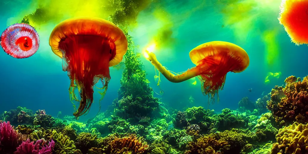 Prompt: full - length photorealism uhd professional photo underwater landscape with a big flying jellyfish, green yellow and red colors, high detailed, upper volumetric lightning, photo by brian skerry