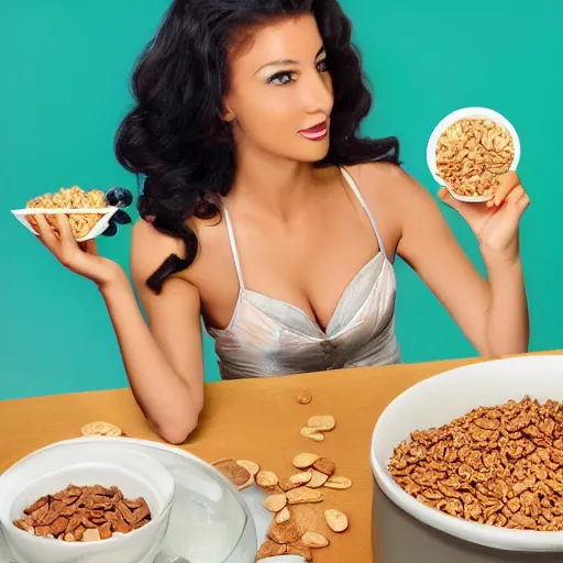 Image similar to Attractive and beautiful lizard pinup model eating cereal in an healthy breakfast ad