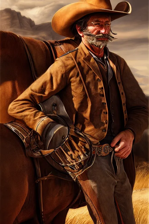 Prompt: hyperrealist portrait of a cowboy driving stage coach by fredrick remington and howard powel, fantasy art, photo realistic, dynamic lighting, artstation, poster, volumetric lighting, very detailed faces, 4 k, award winning