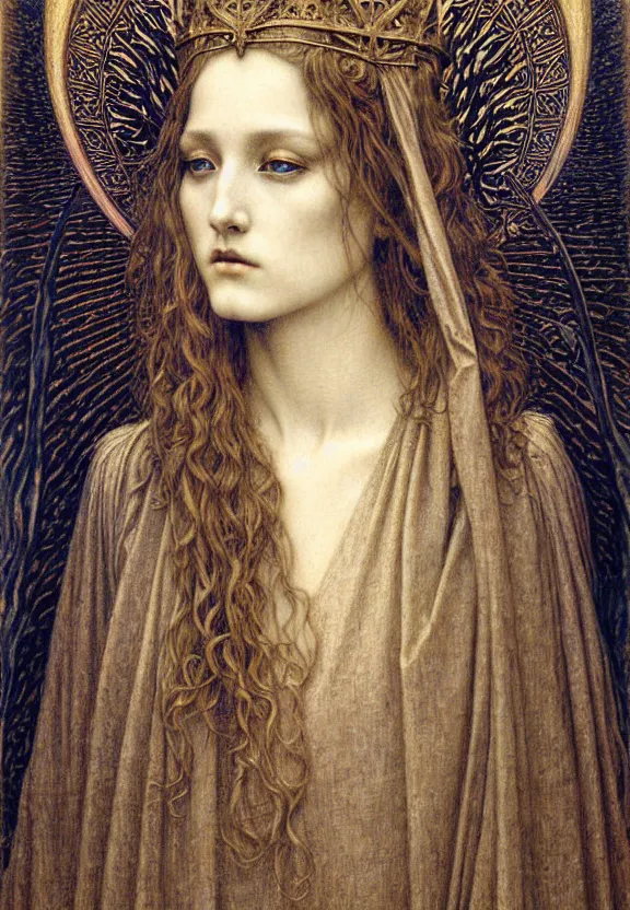 Image similar to detailed realistic beautiful young medieval queen face portrait by jean delville, gustave dore and marco mazzoni, art nouveau, symbolist, visionary, gothic, pre - raphaelite. horizontal symmetry