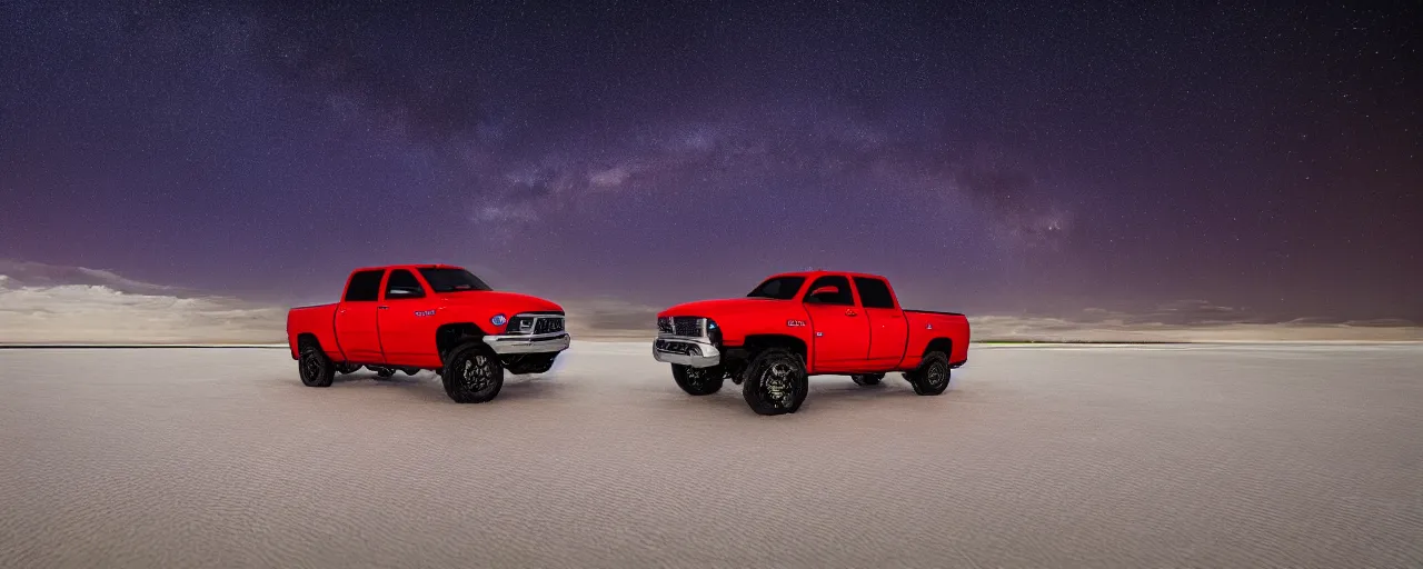 Image similar to dodge ram red power wagon speeding on wet salt flats at night, reflections, long exposure, milky way, Sayem Reza, poster