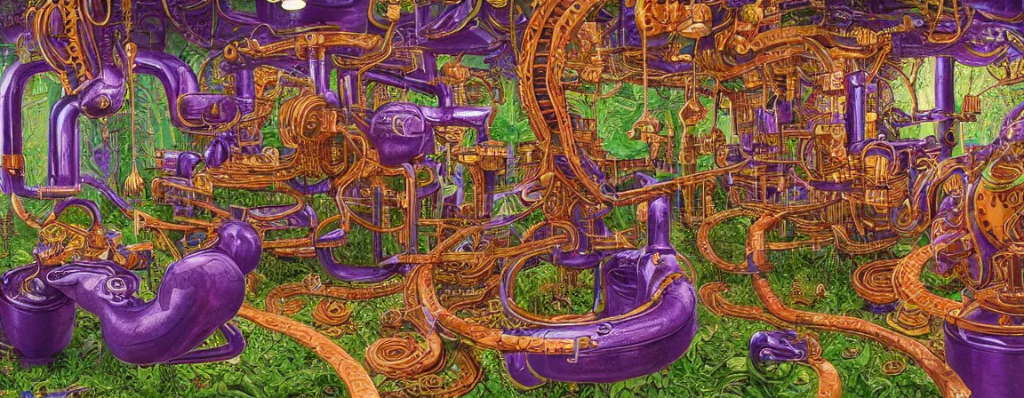 Prompt: a densely packed machine apparatus for making snake oil, huge copper machine with fine purple and green intricate pipework, art by jacek yerka, and ed roth, directed by denis villeneuve, cinematography by robby muller, fine detail, kodachrome 8 k, snake machine