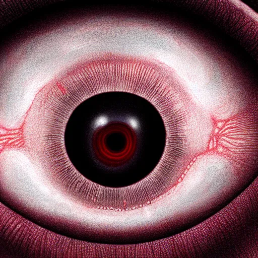 Image similar to a detailed extremely close up of inside the iris, cornea, red image, microscopic, extremely close up drawing by junji ito, cgsociety, generative art, lovecraftian, parallax, cosmic horror, extremely detailed, hyperrealism, unreal engine, octane render, award winning, masterpiece, highly detailed, realistic, 4 k, digital