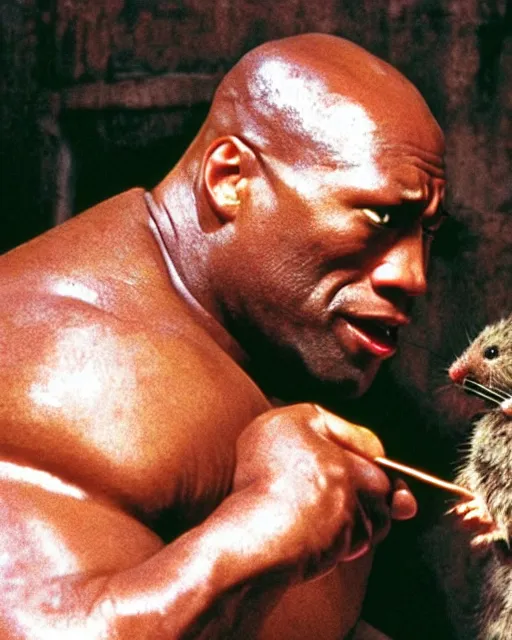 Image similar to film still close - up shot of dwayne johnson as john coffey petting a mouse in the movie the green mile. photographic, photography