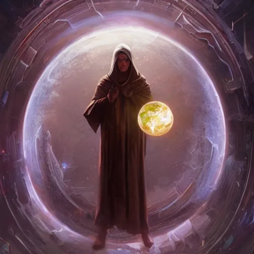 Image similar to the creator of worlds wearing a cloak and holding a holographic planet projection in his hand, detailed, sci - fi, digital painting, artstation, sharp focus, illustration, ominous, artgerm, tomasz alen kopera, peter mohrbacher, donato giancola, joseph christian leyendecker, wlop, frank frazetta