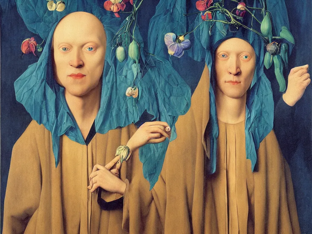 Prompt: portrait of albino mystic with blue eyes, with beautiful exotic orchid. Painting by Jan van Eyck, Audubon, Rene Magritte, Agnes Pelton, Max Ernst, Walton Ford