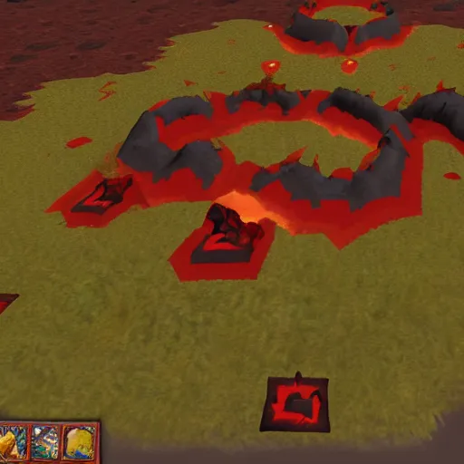 Image similar to TzKal-Zuk at the Inferno, old school runescape, lava river, magma, large shield of magma, obsidian pillars