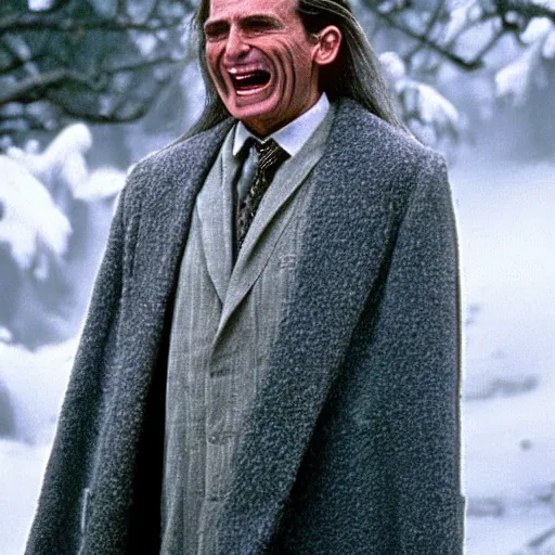 Image similar to patrick bateman as an old druid wizard, bald, bushy grey eyebrows, long grey hair, disheveled, wise old man, wearing a grey wizard hat, wearing a purple detailed coat, a bushy grey beard, sorcerer, he is a mad old man, laughing and yelling