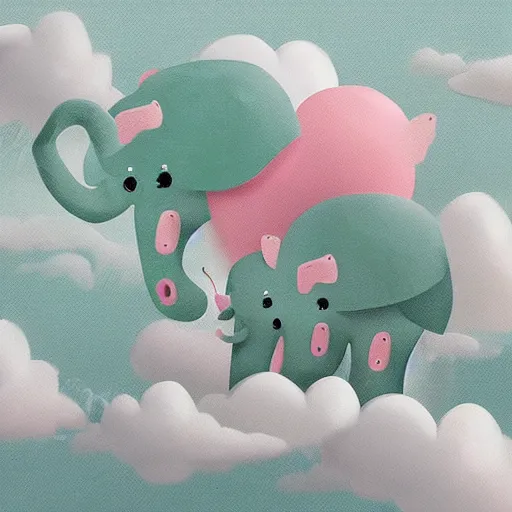 Image similar to “falling asleep with cute elephants made from clouds, illustration, detailed, smooth, pink white and green”