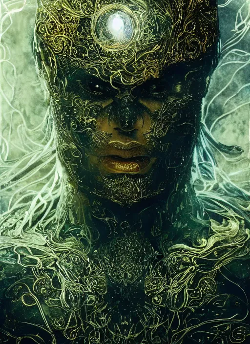 Image similar to glowing silver and golden elements, full close-up portrait, pen and ink crow, book cover, green forest, white moon, establishing shot, extremly high detail, photo-realistic, cinematic lighting, pen and ink, intricate line drawings, by Yoshitaka Amano, Ruan Jia, Kentaro Miura, Artgerm, post processed, concept art, artstation, matte painting, style by eddie mendoza, raphael lacoste, alex ross