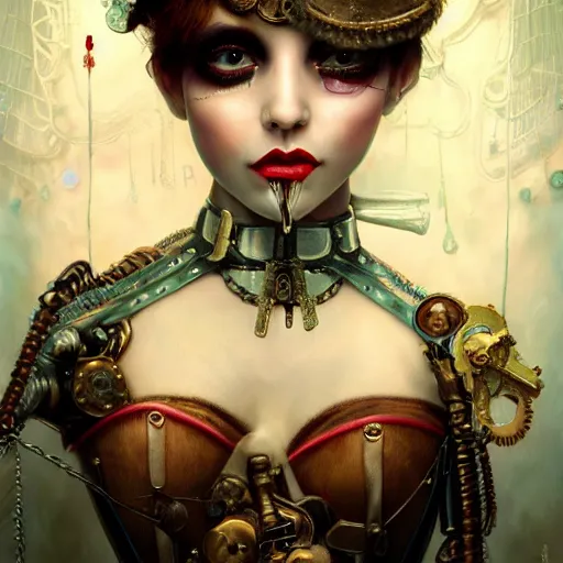 Image similar to photorealistic soft paint of a curiosities carnival, single young beautiful dollpunk in a full steampunk corset, symmetry accurate features, ominous, focus, rainbow lighting, very intricate details, award winning masterpiece, behance, by tom bagshaw