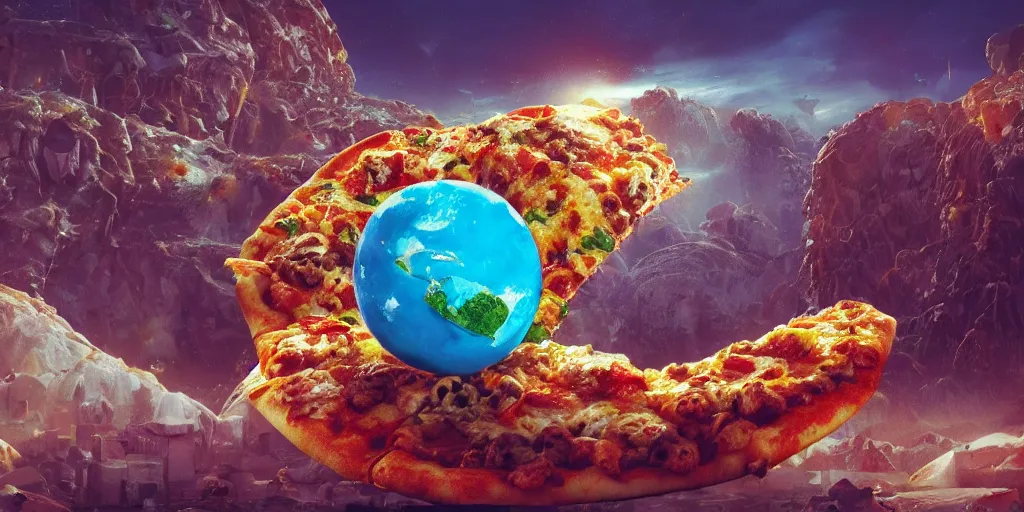 Prompt: planet made of pizza, melted cheese waterfalls, Greg Rutkowski, 3d scene, trending on Artstation, 8K, ultra wide angle, pincushion lens effect.