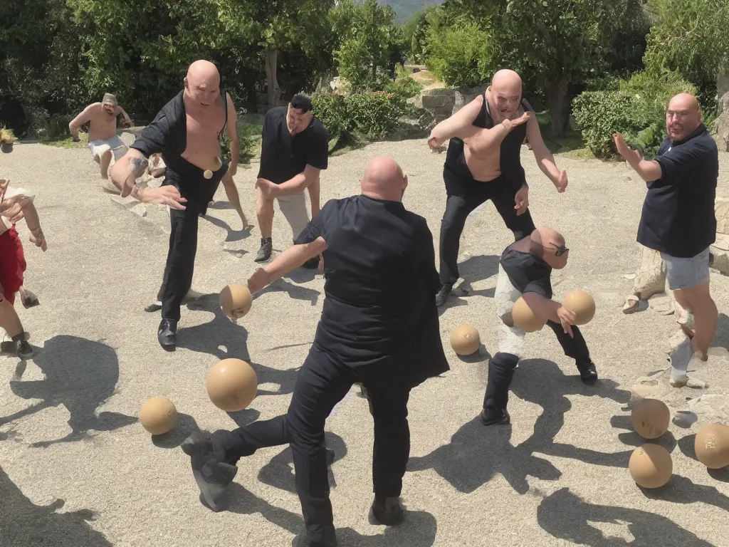 Prompt: nosferatu is playing petanque balls with french fat dudes in south of france