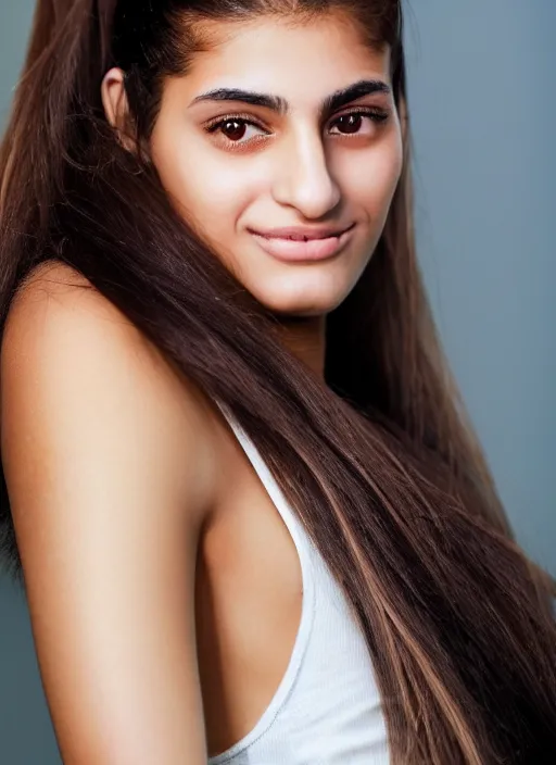 Image similar to A close-up photo of a beautiful middle eastern 22 year old girl with hazel eyes, straight hair in a ponytail, looking at the camera, a slight smile, super beauty, super model, detailed face features, hyper realism, studio, shallow depth of field, uplifting background, photography from Vogue magazine, by Martin Shcoeller