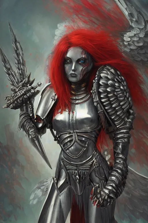 Prompt: Gothic angel girl in armor from warhammer 40000 highly detailed, digital painting, artstation, smooth, sharp focus, illustration, art by artgerm and greg rutowski and zdislav beksinski