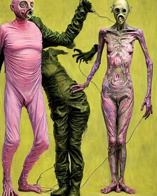 Prompt: two skinny old people with extra limbs, wearing gas masks, bodies wrapped in robes of gold, green and pink, during a biohazard apocalypse, cinematic, dystopian, eerie, horror, gothic, highly detailed painting by Jenny Saville, Esao Andrews, Francis Bacon, !!!Edward Hopper!!! surrealism, art by Takato Yamamoto and !!!James Jean!!!