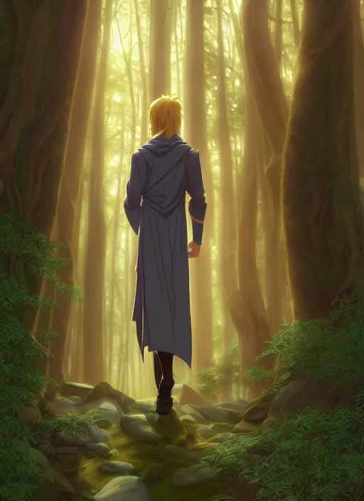 Prompt: slender young man with shoulder length shiny and sparkling golden blond hair, from behind, wearing wizard robes, lost in a forest, natural lighting, path traced, highly detailed, high quality, digital painting, by don bluth and ross tran and studio ghibli and alphonse mucha, artgerm