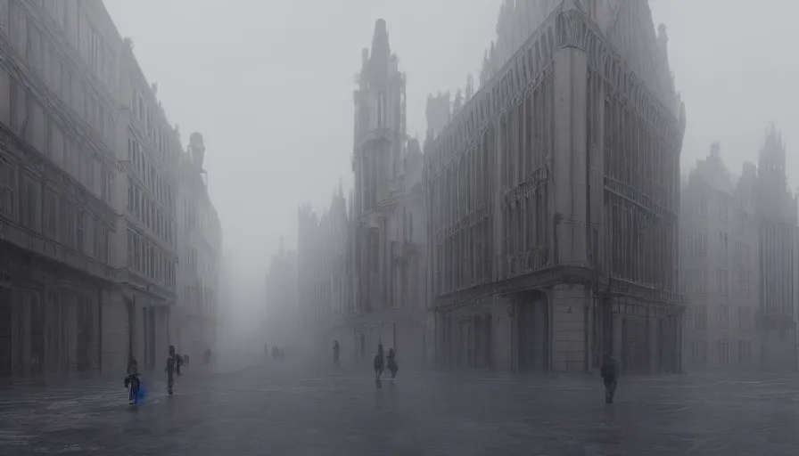 Prompt: empty streets od neo - gothic brussels in fog, wet ground, hyperdetailed, artstation, cgsociety, 8 k