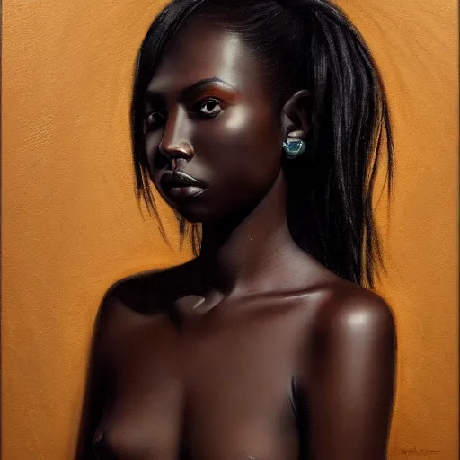 Image similar to A portrait of a thin trendy and gorgeous non-binary person, dark black skin tone, oil painting, majestic, detailed, high resolution