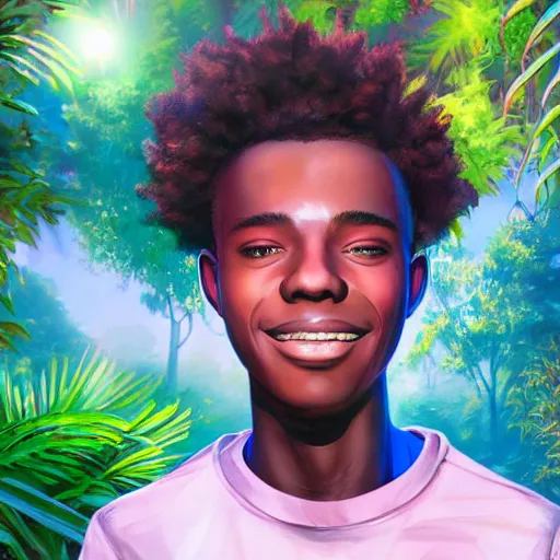 Image similar to concept art of beautiful futuristic, hyperrealistic, sci - fi, smiling african teen boy, peaceful, meditating, colourful digital art, colourful jungle, trending on artstation, detailed