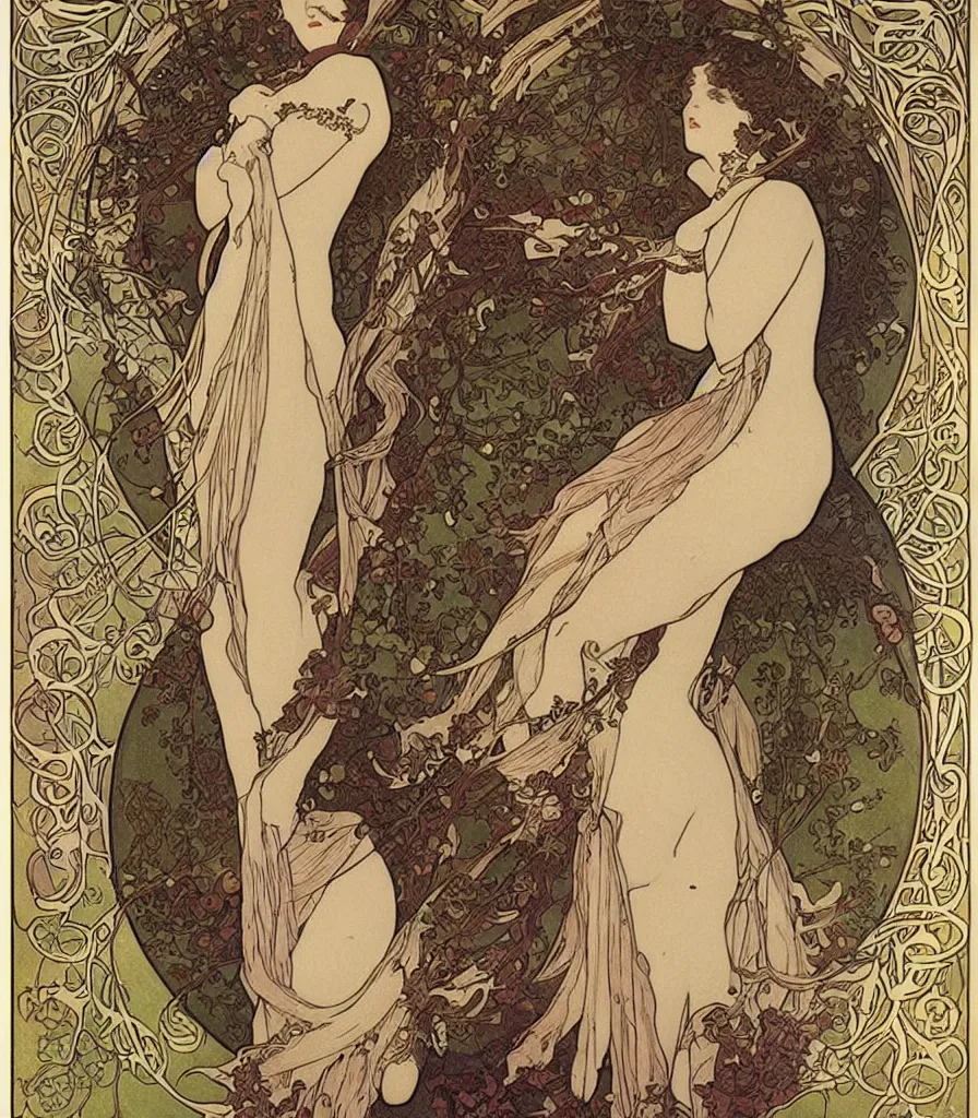 Image similar to an art noveau poster of a beautiful moon goddess by Mucha