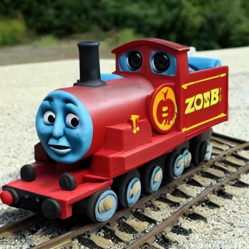 Image similar to zombie apocalypse thomas the tank engine clay sculpture, ominous