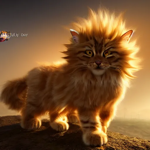 Image similar to colossal fluffy tabby cat going super saiyan, golden hour, fantasy, sharp focus, digital art, hyper realistic, 4 k, unreal engine, highly detailed, hd, dramatic lighting by brom, trending on artstation