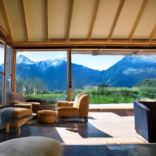 Image similar to a sunny covered lounge with a swimming pool with clean water next to a large window with a view of the mountains, photo