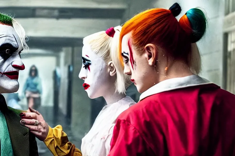 Prompt: joaquin phoenix as the joker ( 2 0 1 9 ) and lady gaga as harley quinn, movie still frame, directed by todd phillips