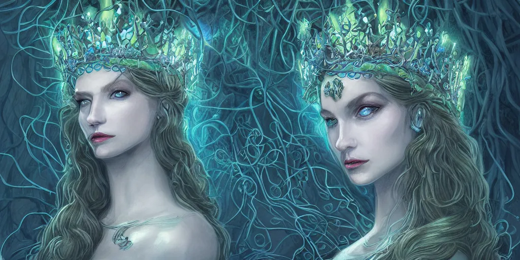 Image similar to portrait of the queen of snakes, pale blue, emerald, sapphire, wearing a crown of vines, moonlit, dark fantasy concept art, dramatic lighting, artstation