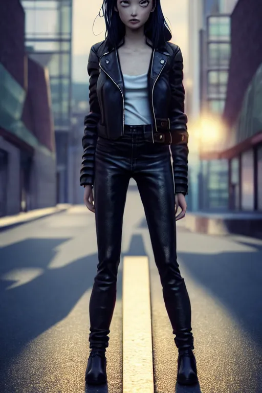 Prompt: extremely beautiful aesthetic girl with leather jacket staring at the camera in the urban city, occlusion shadow, specular reflection, rim light, unreal engine, octane render, artgerm, artstation, art by hiroaki samura and jiro matsumoto and yusuke murata, high quality, intricate detailed 8 k, beautiful shape of face and body, sunny day