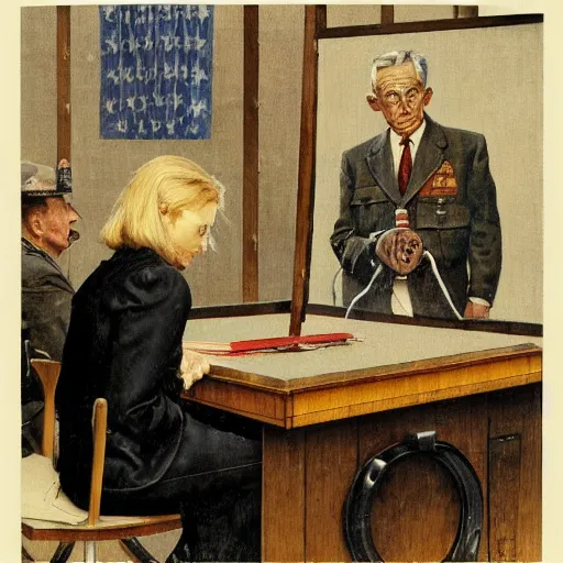 Image similar to liz cheney being judged at the nuremberg trials, artist norman rockwell,